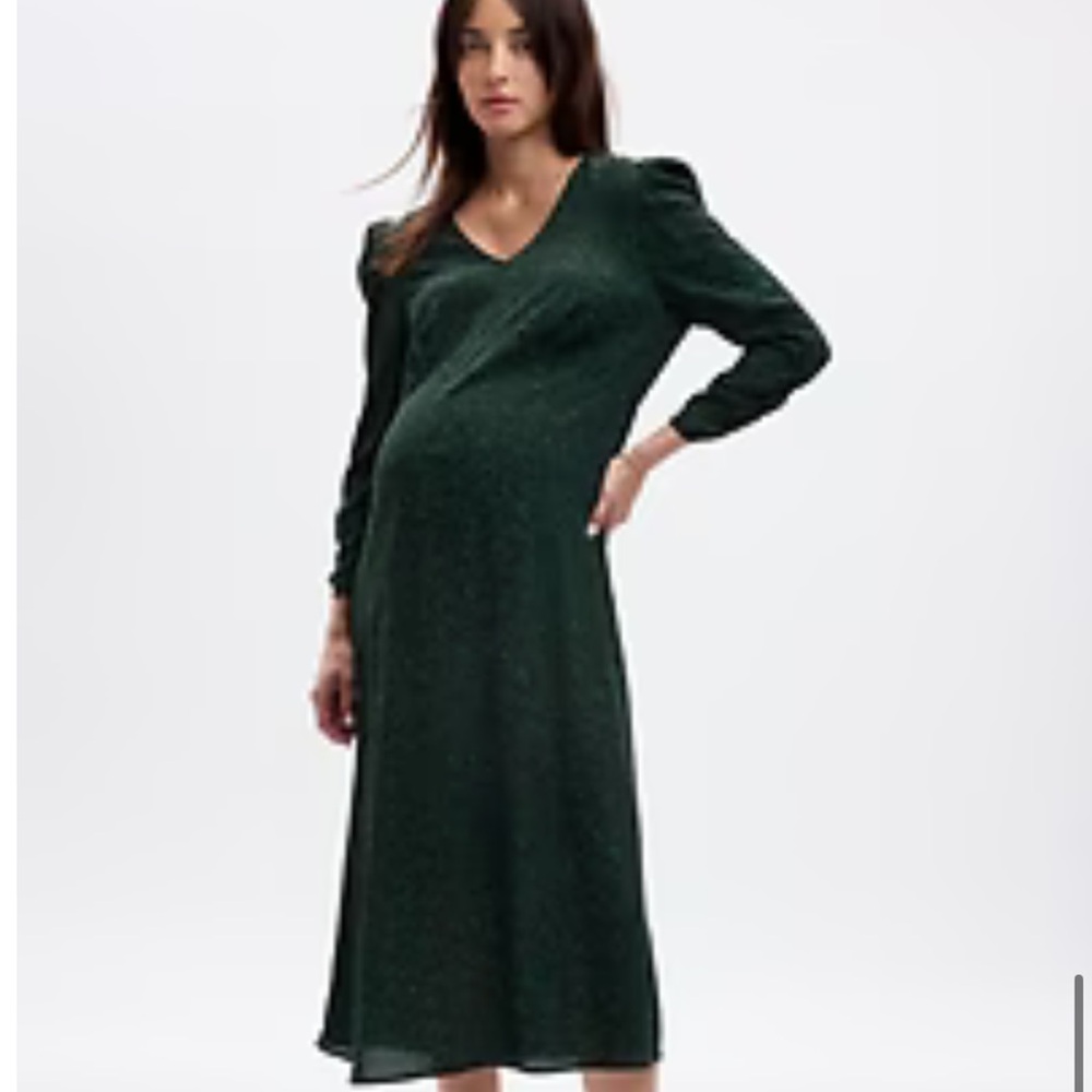 Maternity Puff Sleeve Midi Dress, Green & Black, Gap, Size small